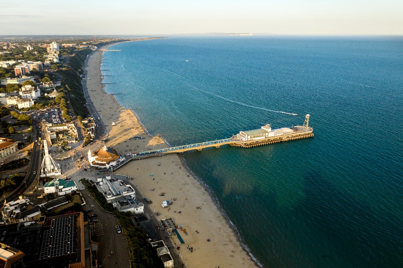 Bournemouth Beach from a drone point of view with the pier and sea